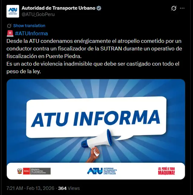 ATU se pronuncia tras atropello contra supervisor de SUTRAN.