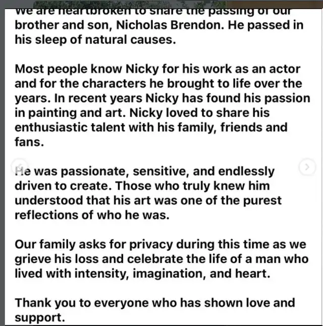 Familiares de Nicholas Brendon anunciaron su partida.