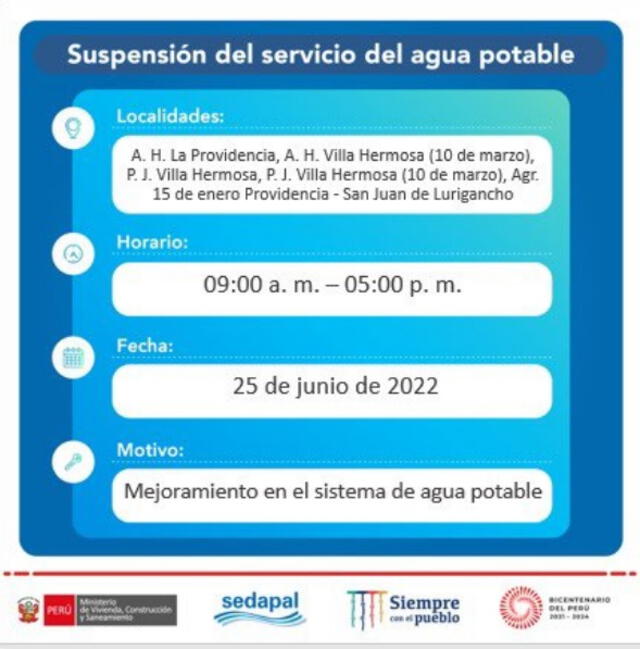 Sedapal anunció corte de agua en San Juan de Lurigancho. Crédito: Sedapal. Sedapal anunció corte de agua en San Juan de Lurigancho. Crédito: Sedapal.