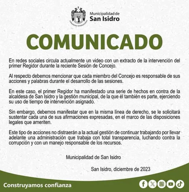 San Isidro se pronuncia luego de la viralización del video.