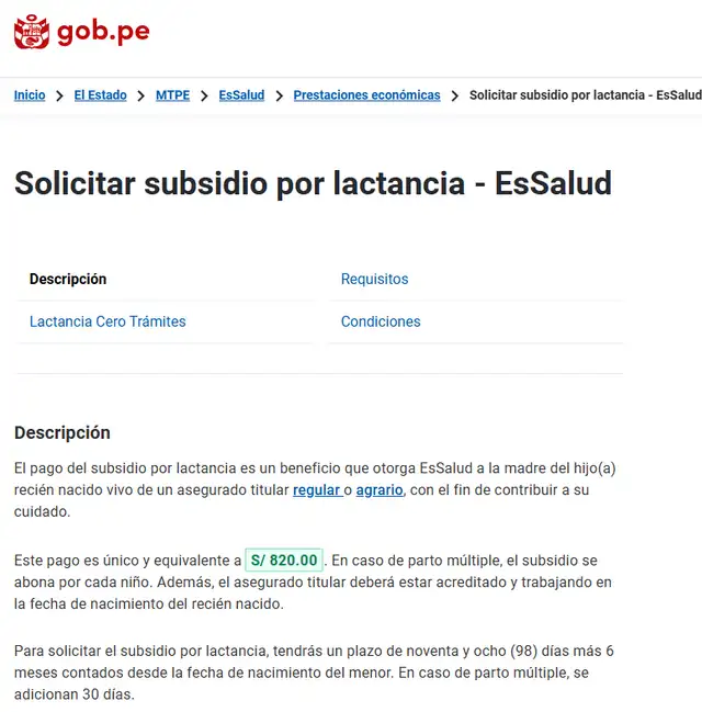 Subsidio por lactancia EsSalud 2026: Cómo cobrar los S/ 820 y cuáles son los requisitos.