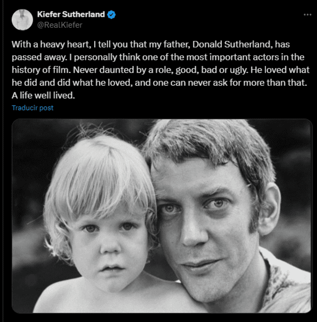 Hijo de Donald Sutherland se despidió del actor en X.