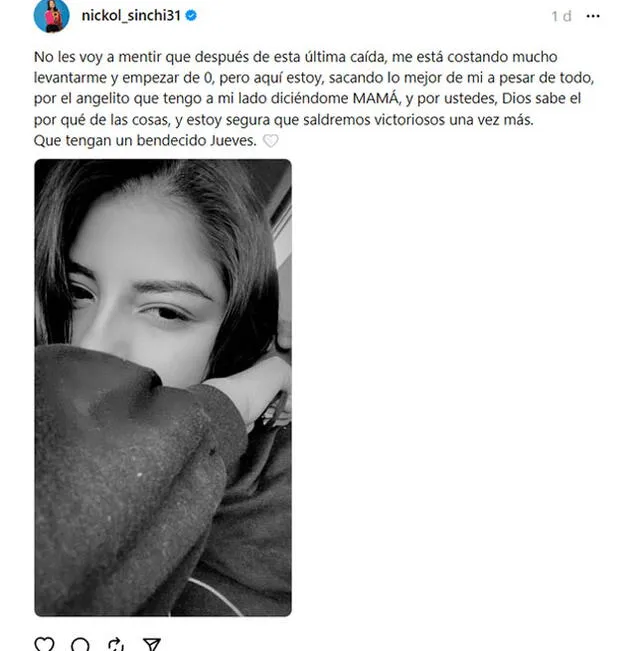  Post de Nickol Sinchi que generó preocupación en sus fans.