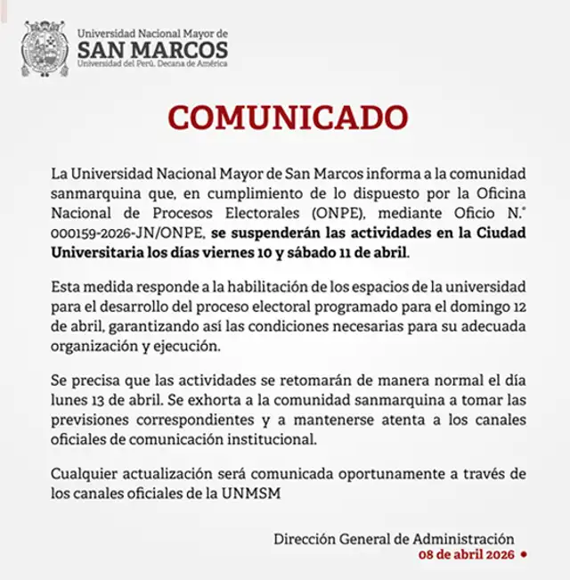 Comunicado de la UNMSM.