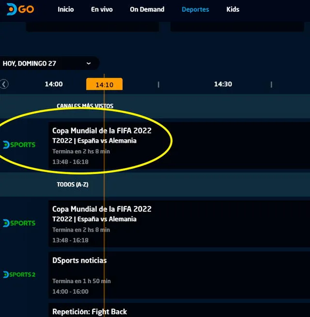 La plataforma de DIRECTV GO ofrece varias multicámaras. / FUENTE: DGO.   