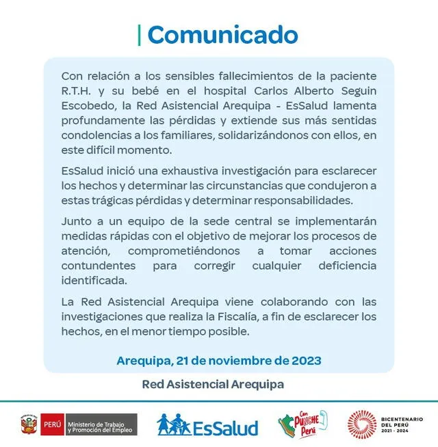 Este es el comunicado de EsSalud tras conocer el lamentable caso de la mujer embarazada que falleció.  