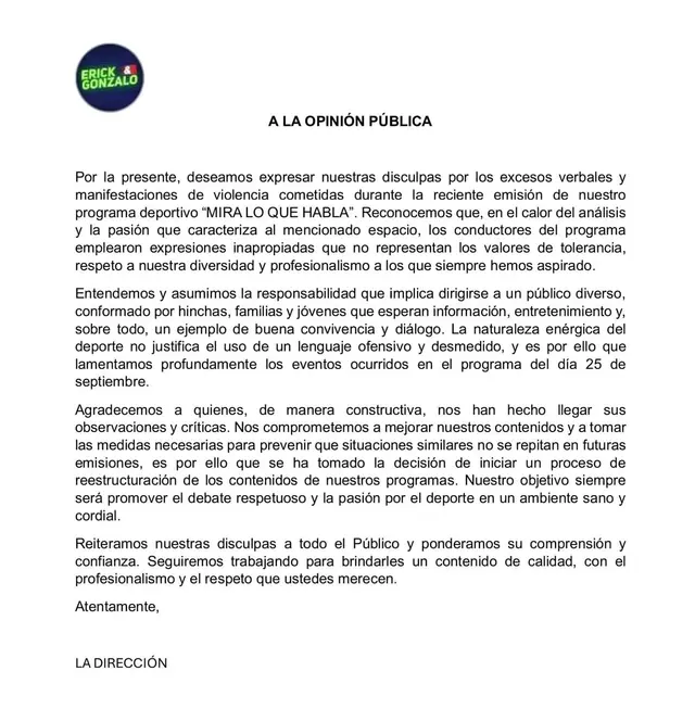  Comunicado del programa de YouTube. Foto: Erick y Gonzalo 