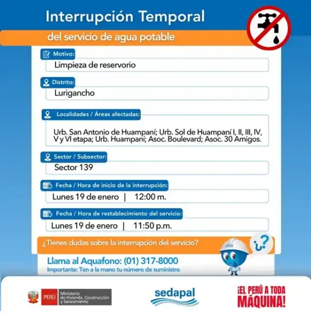 Sedapal anuncia el corte de agua en Lurigancho para este lunes 19 de enero.