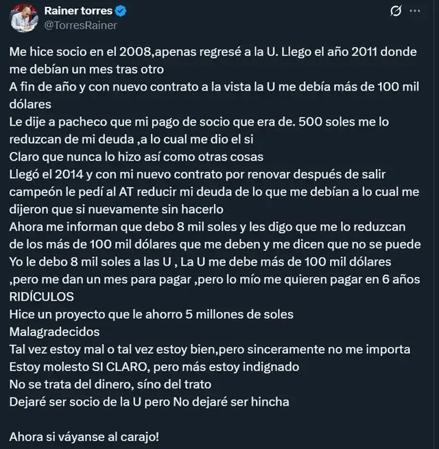  Mensaje de Rainer Torres. Foto: X 