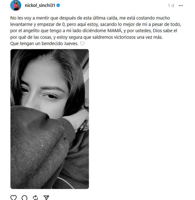 Post de Nickol Sinchi que preocupó a sus fans. 