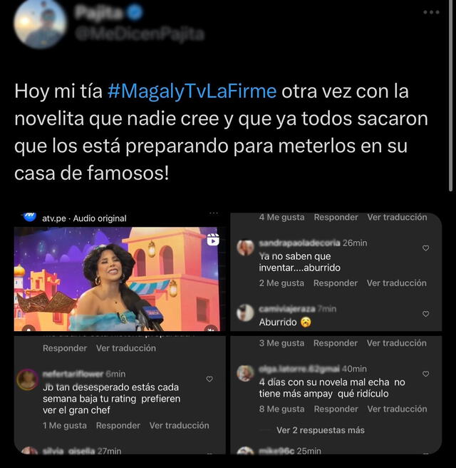  Comentarios de usuarios en Twitter sobre Magaly Medina, Gabriela Serpa y Alfredo Benavides.    