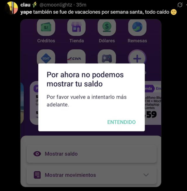 Usuarios reportan la caída de Yape. Usuarios reportan la caída de Yape.