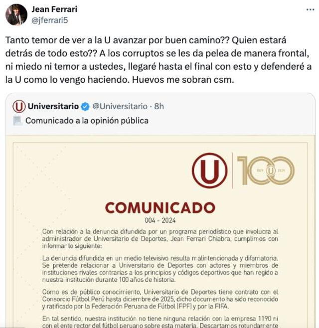 Jean Ferrari emitió mensaje en las redes sociales. / Foto: X.   