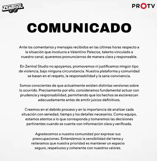 Zentral Studio lanzó un comunicado tras la denuncia de Valentino. Zentral Studio lanzó un comunicado tras la denuncia de Valentino.