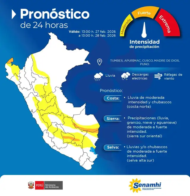 Advierten lluvias de moderada a fuerte intensidad en 5 regiones del Perú. Advierten lluvias de moderada a fuerte intensidad en 5 regiones del Perú.
