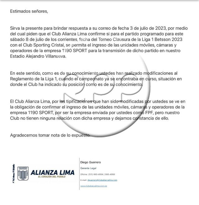 RPP Deportes fue quien reveló de esta respuesta de a FPF a Alianza Lima.    