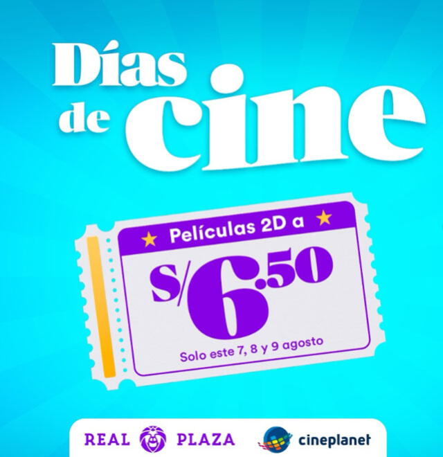 Cineplanet y Real Plaza ofrecerán entradas al cine a S/6.50.  