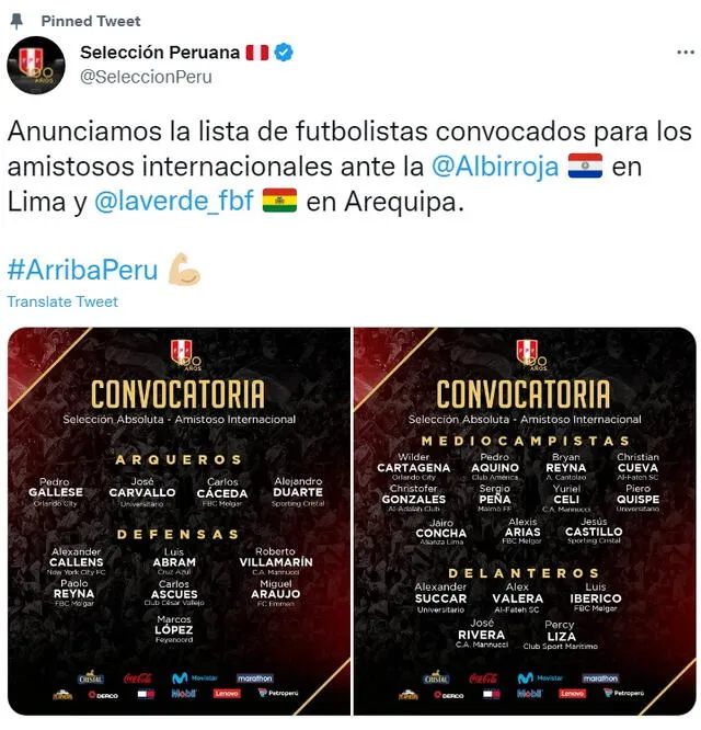  Mira la lista de convocados de la selección peruana. Crédito: Twitter. 