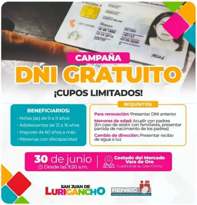 Reniec anuncia CAMPAÑA ESPECIAL este 30 de junio en San Juan de Lurigancho.