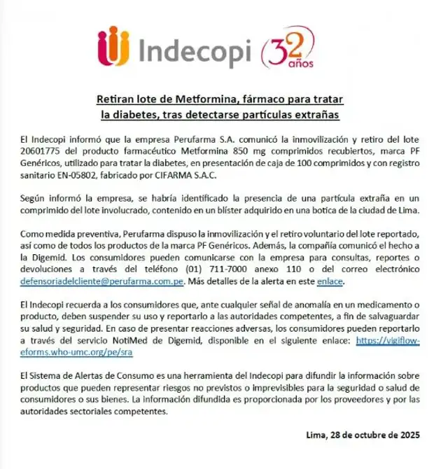 <strong> Indecopi emitió un documento sobre el retiro de un lote de Metformina 850 mg</strong>   