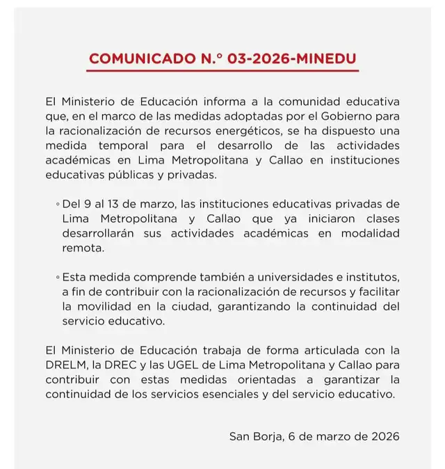 Comunicado del Minedu sobre el cambio de modalidad de estudios por la crisis de combustibles en Perú.
