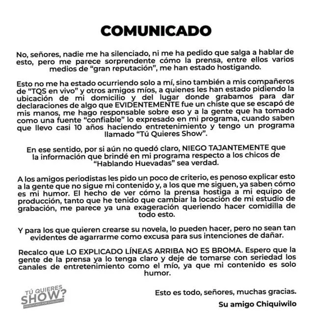 Chiquiwilo lanza comunicado tras vincular a Ricardo Mendoza y Jorge Luna con Andrés Hurtado.