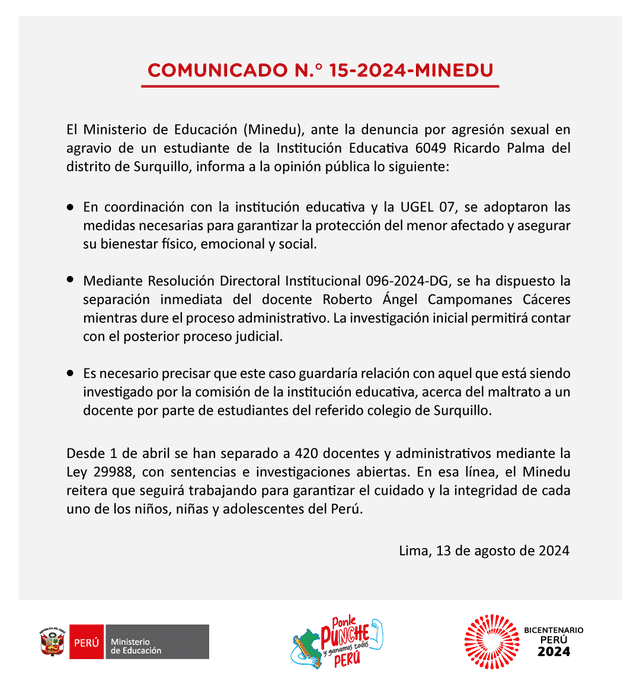 Comunicado del Ministerio de Educación sobre caso de agresión sexual.