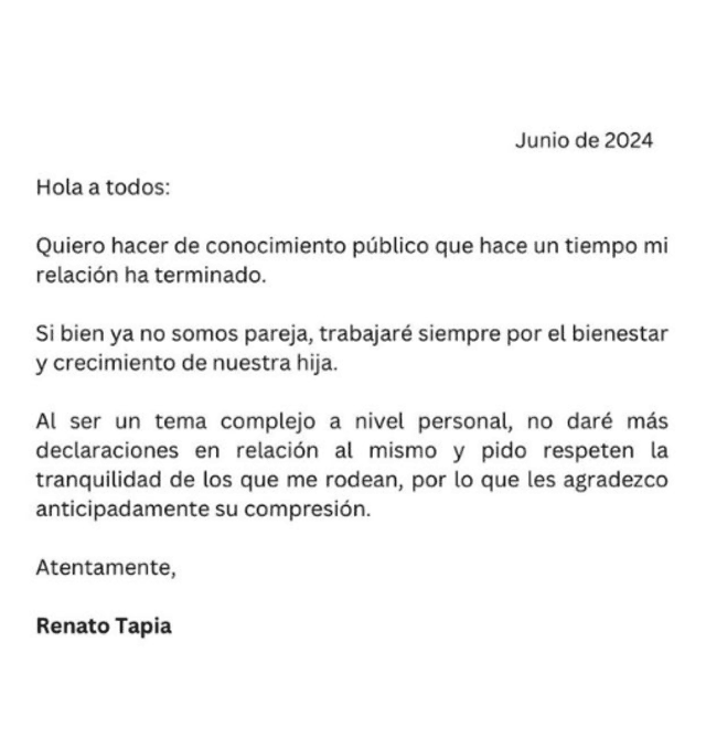 Renato Tapia anuncia su separación con su esposa.  