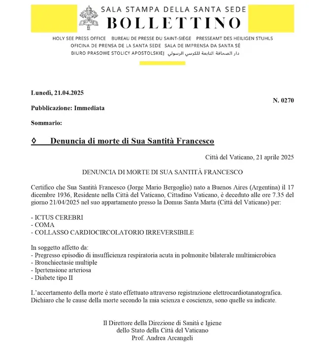 comunicado de muerte del papa Francisco comunicado de muerte del papa Francisco