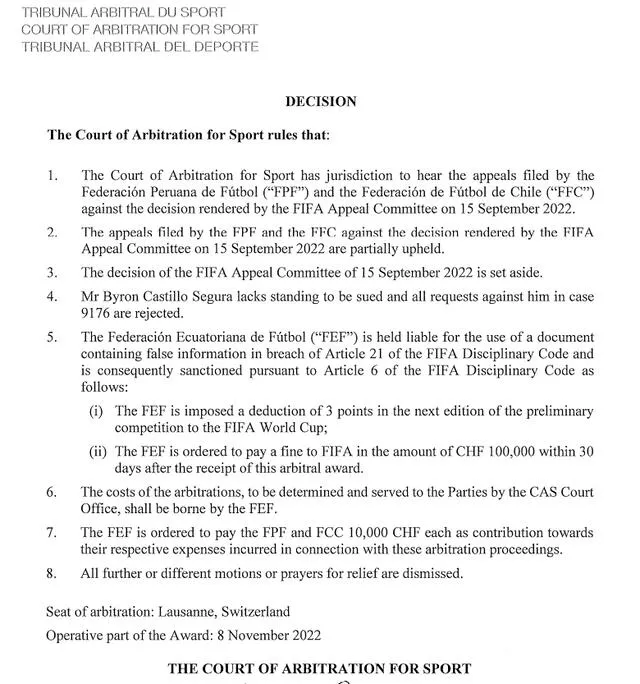 El fallo del TAS por Byron Castillo. / FUENTE: Tribunal de Arbitraje Deportivo.   