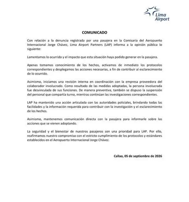 Trabajador denunciado fue despedido, según Lima Airport Partners. Trabajador denunciado fue despedido, según Lima Airport Partners.