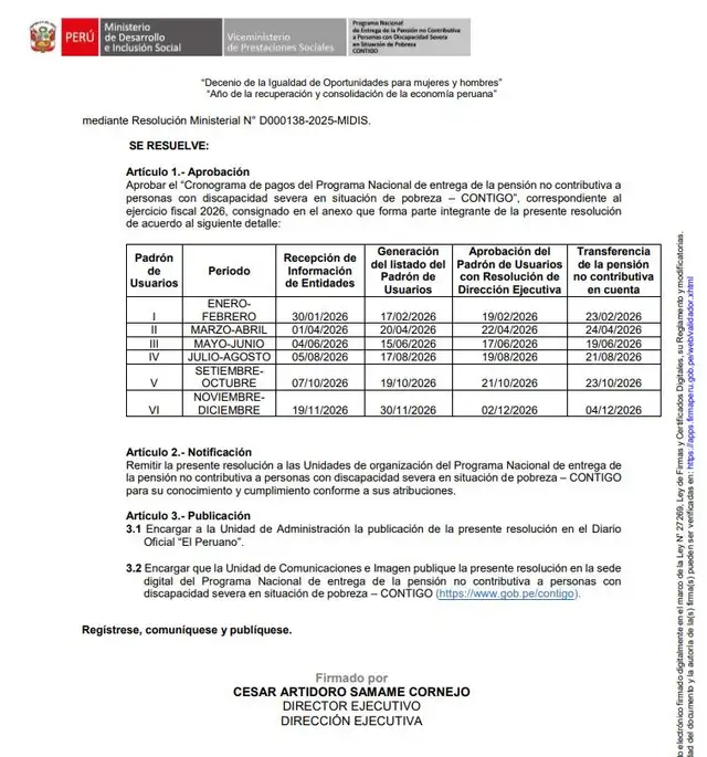 <strong> Cronograma de pago del programa CONTIGO</strong>   