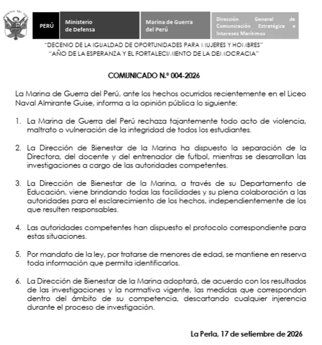 Marina de Guerra separa a directora, docente y entrenador del Liceo Naval mientras se investigue presunta agresión sexual.