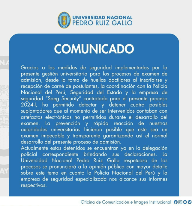 Comunicado de la UNPRG por el caso de suplantadores en el examen de admisión.