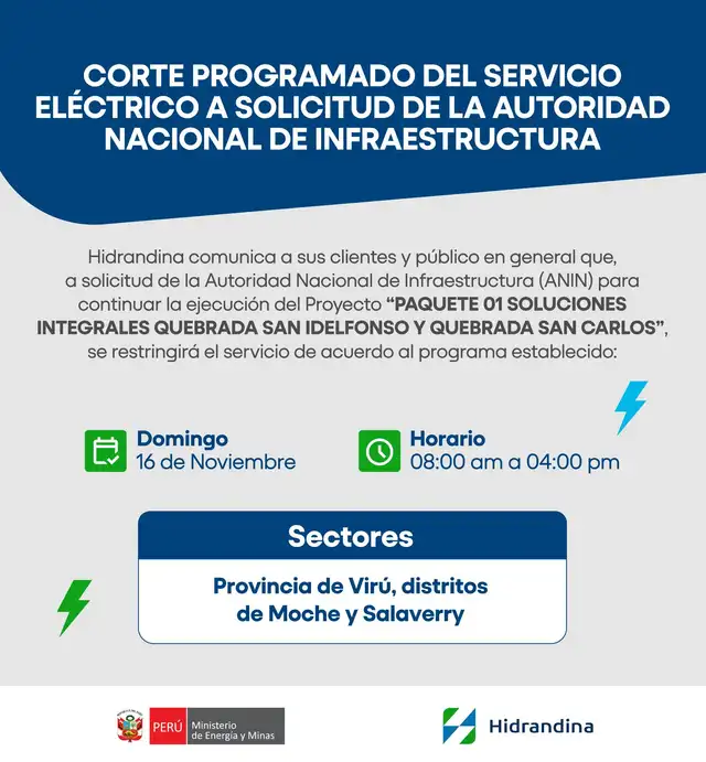 Hidrandina anuncia corte de luz para el 16 de noviembre en Trujillo.