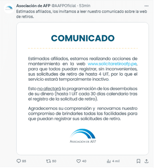 Se suspende de forma temporal el registro de solicitudes AFP.