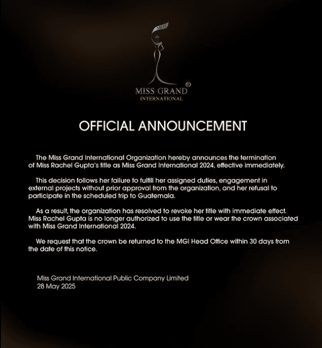 Miss Grand International lanza comunicado tras renuncia de Rachel Gupta.