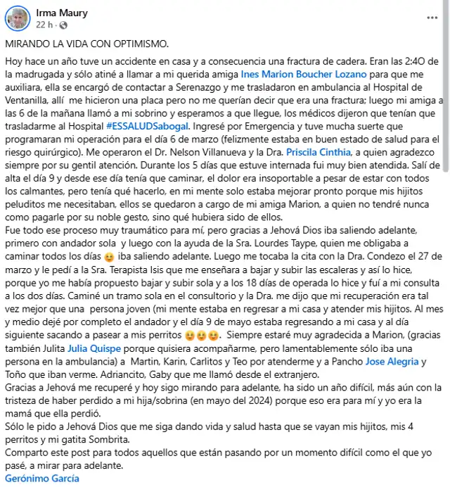 Irma Maury contó que hace un año tuvo una caída y se fracturó la cadera. Foto: Facebook.   