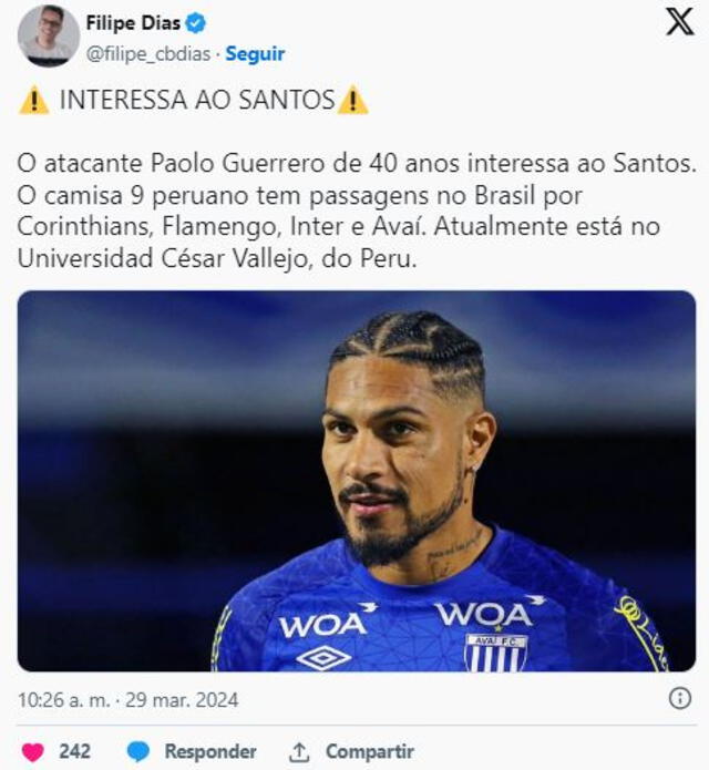 Paolo Guerrero podría fichar por Santos FC, según informan desde Brasil.   