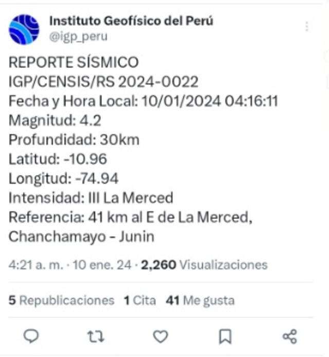 Un fuerte sismo se registró en Junín esta madrugada del 10 de enero.  