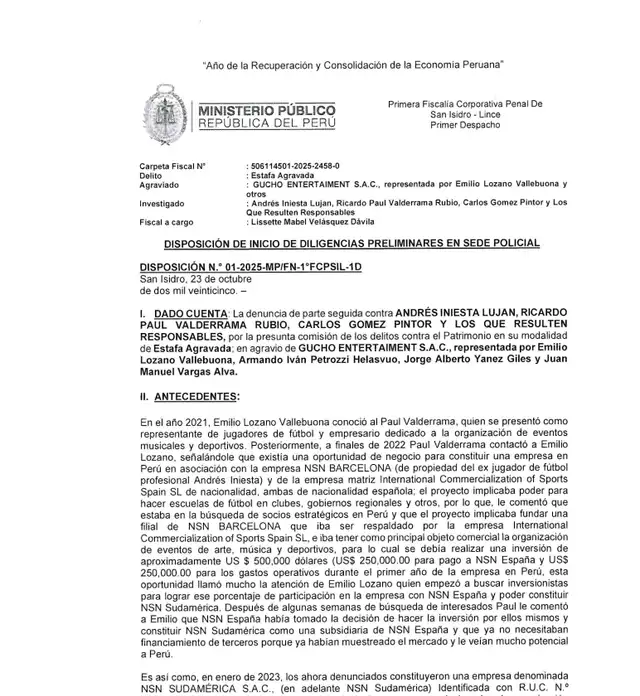  Investigación del Ministerio Público que involucra a Andrés Iniesta. Foto: Difusión 