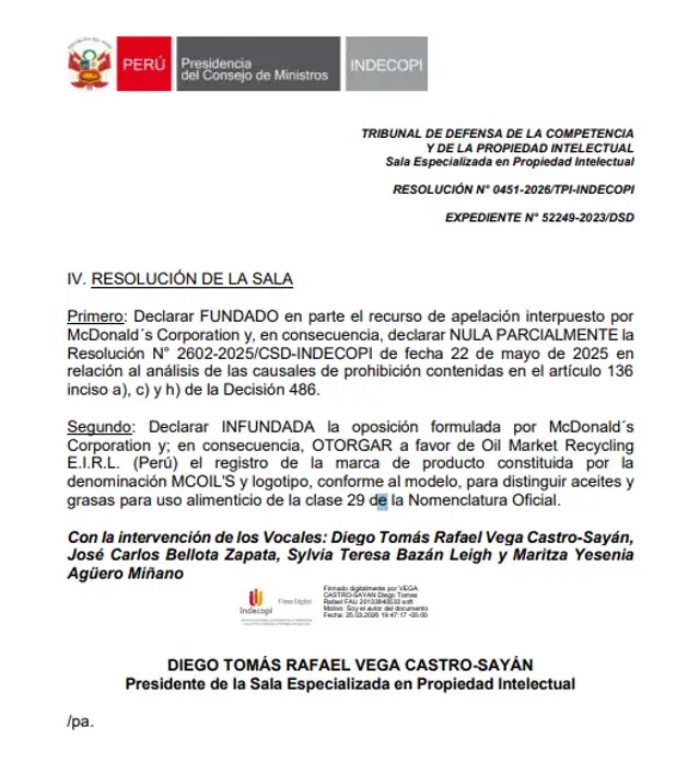 Resolución de Indecopi sobre la apelación presentada por McDonald's Coporation. Resolución de Indecopi sobre la apelación presentada por McDonald's Coporation.