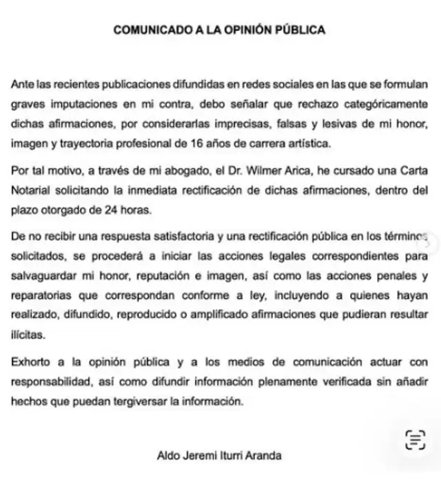 Jeremy Iturri envió carta notarial a joven bailarina que lo denunció.