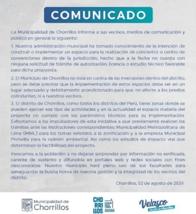 Comunicado de la Municipalidad de Chorrillos.