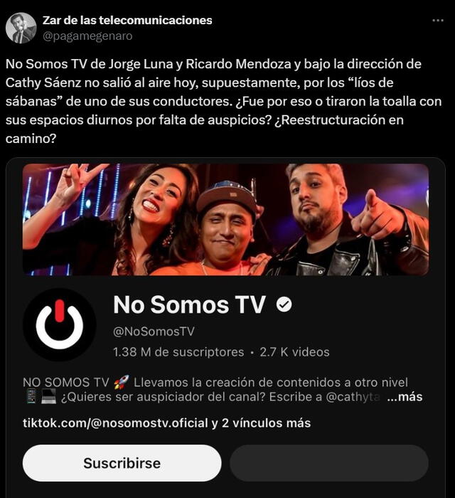 No Somos TV dejó de transmitir en vivo en su canal de YouTube. / Fuente: X   