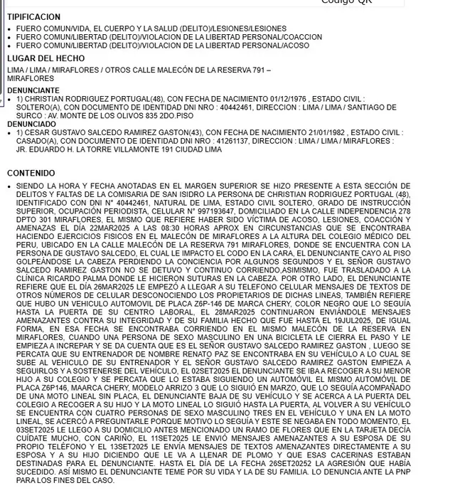 Christian Rodríguez denuncia a Gustavo Salcedo por agresión, acoso y amenazas. Christian Rodríguez denuncia a Gustavo Salcedo por agresión, acoso y amenazas.