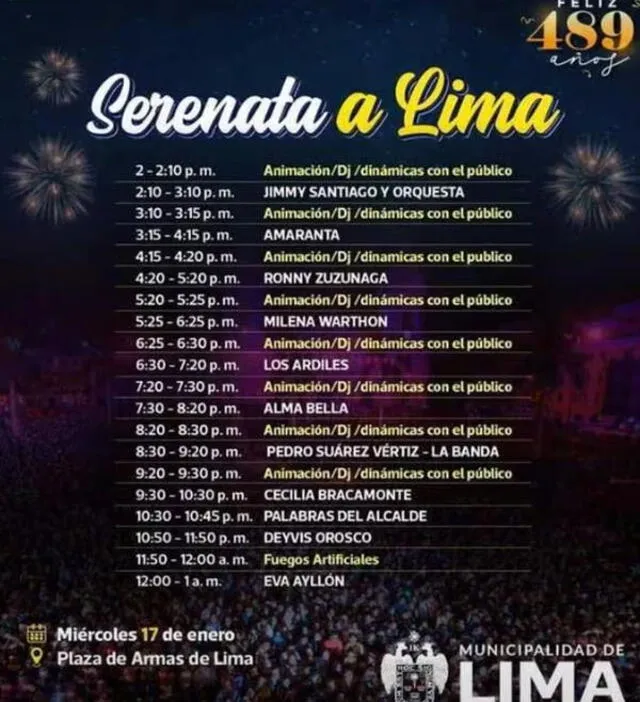  Horario de la Serenata a Lima 2024 de miércoles 17 de enero. Foto: Difusión   
