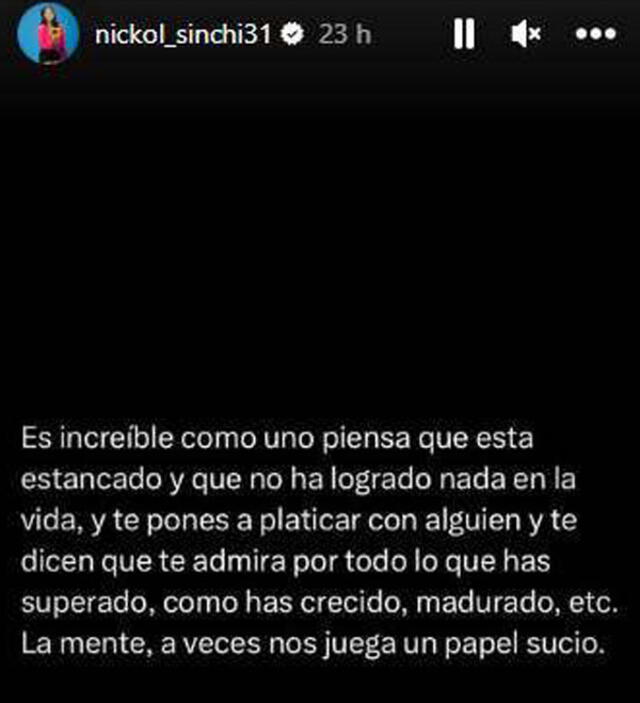  Nickol Sinchi comparte reflexivo mensaje en Instagram. 