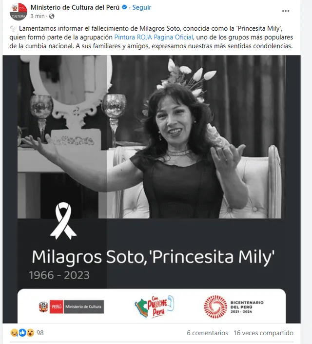 El Ministerio de Cultura anunció el sensible fallecimiento de la artista.    