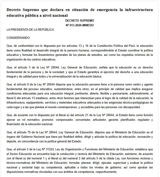 Gobierno declara en emergencia colegios a nivel nacional y Minedu aclara la medida.